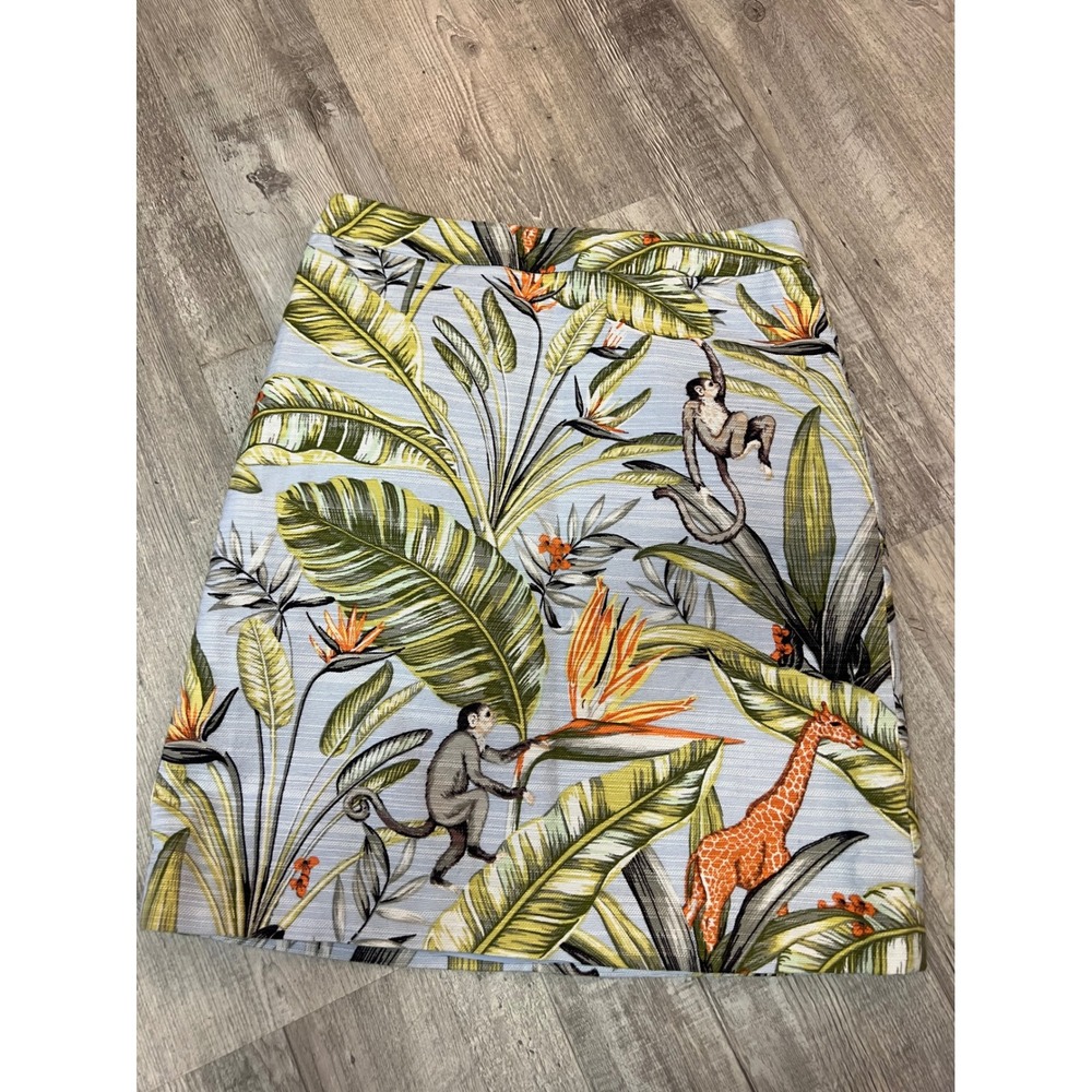 Ann Taylor Petite Tropical Safari Monkey Giraffe Mini Skirt Blue Green 2P